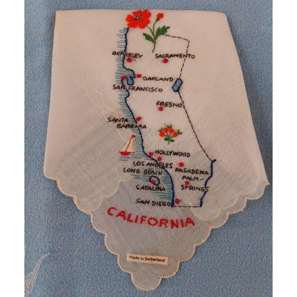 Other - NWT Vintage California Map Souvenir Hanky Swiss Embroidery Handkerchief New